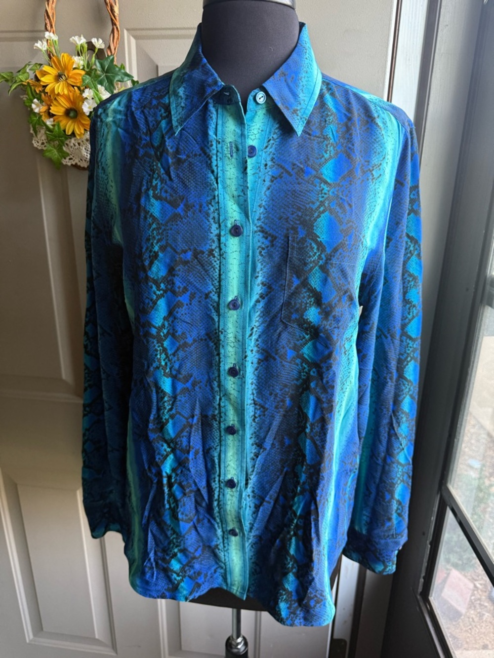 ASO Equipment blue silk snakeskin button down blouse, size large